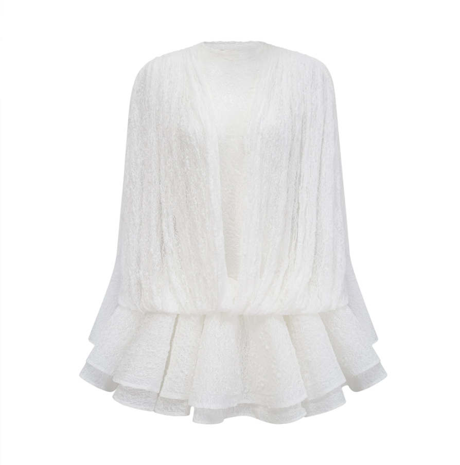 Isoline White Semi-Sheer Lace Top, Shorts & Dress Matching Set