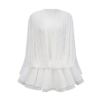 Isoline White Semi-Sheer Lace Top, Shorts & Dress Matching Set