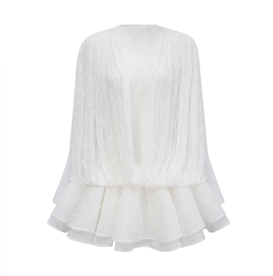 Isoline White Semi-Sheer Lace Top, Shorts & Dress Matching Set