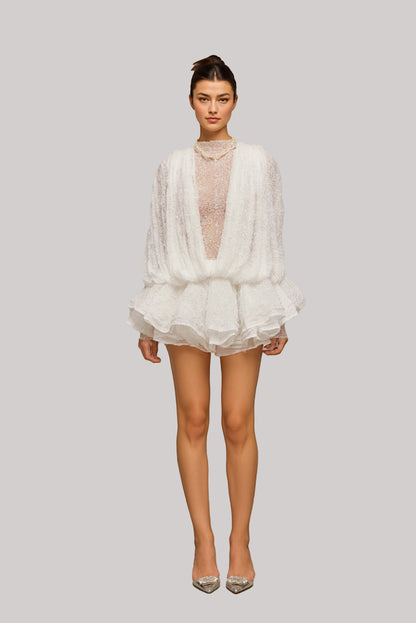 Isoline White Semi-Sheer Lace Top, Shorts & Dress Matching Set