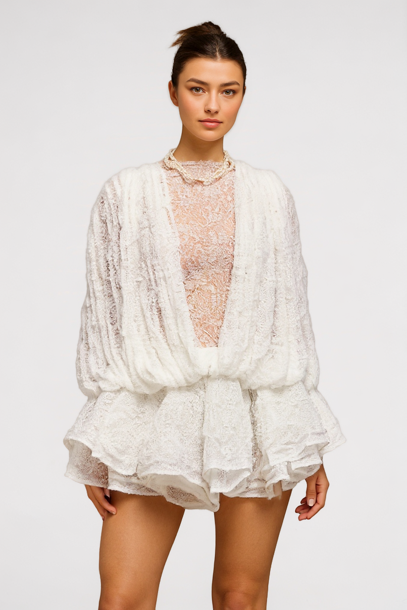 Isoline White Semi-Sheer Lace Top, Shorts & Dress Matching Set